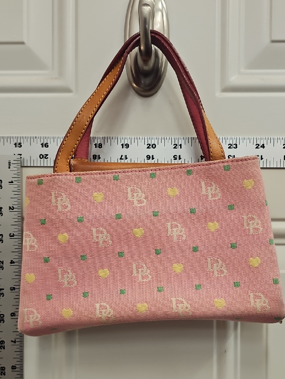 Dooney & Bourke Pink Mini Tote with Yellow Hearts and Green Dots